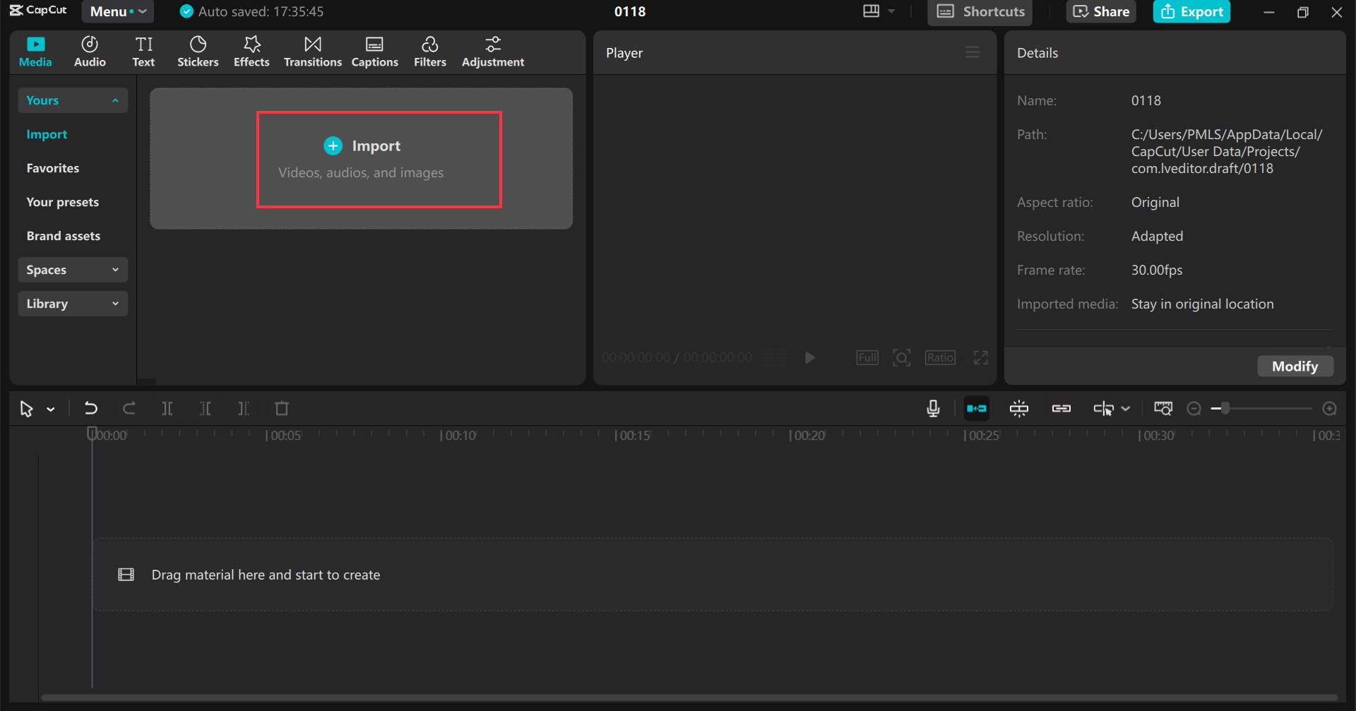 Uploading media in the CapCut desktop video editor