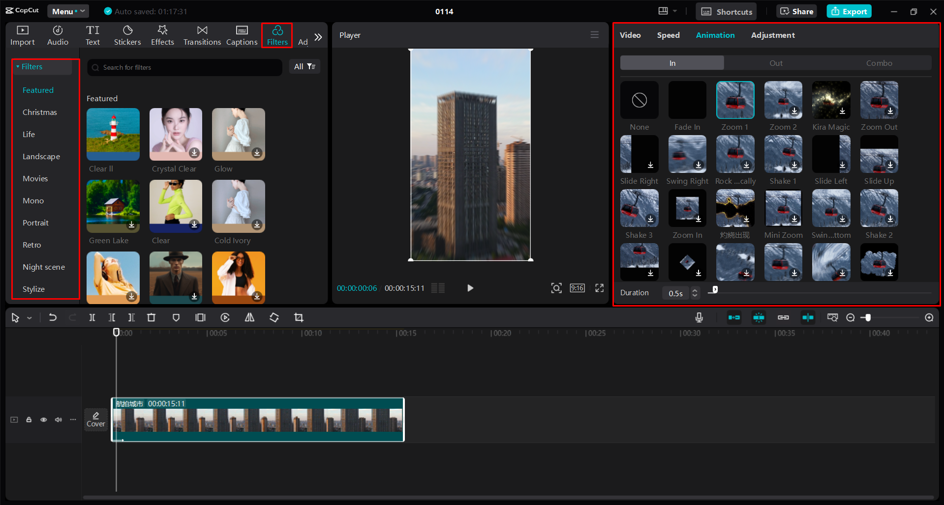 Applying animations and filters to a short video in the CapCut desktop video editor