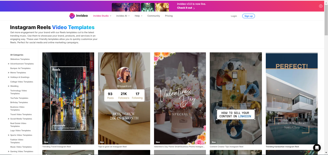 Interface of InVideo.io - a reliable platform to get trending reel templates