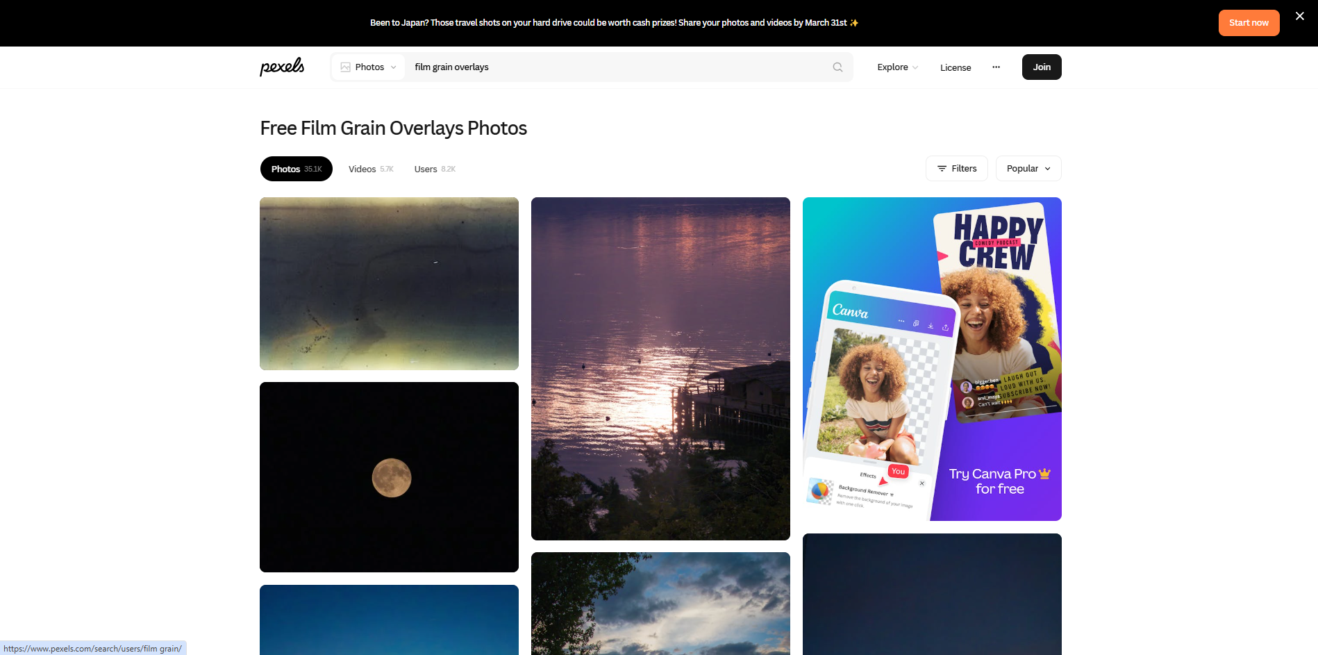 Antara muka Pexels - satu lagi sumber dalam talian untuk lapisan butiran filem 35mm