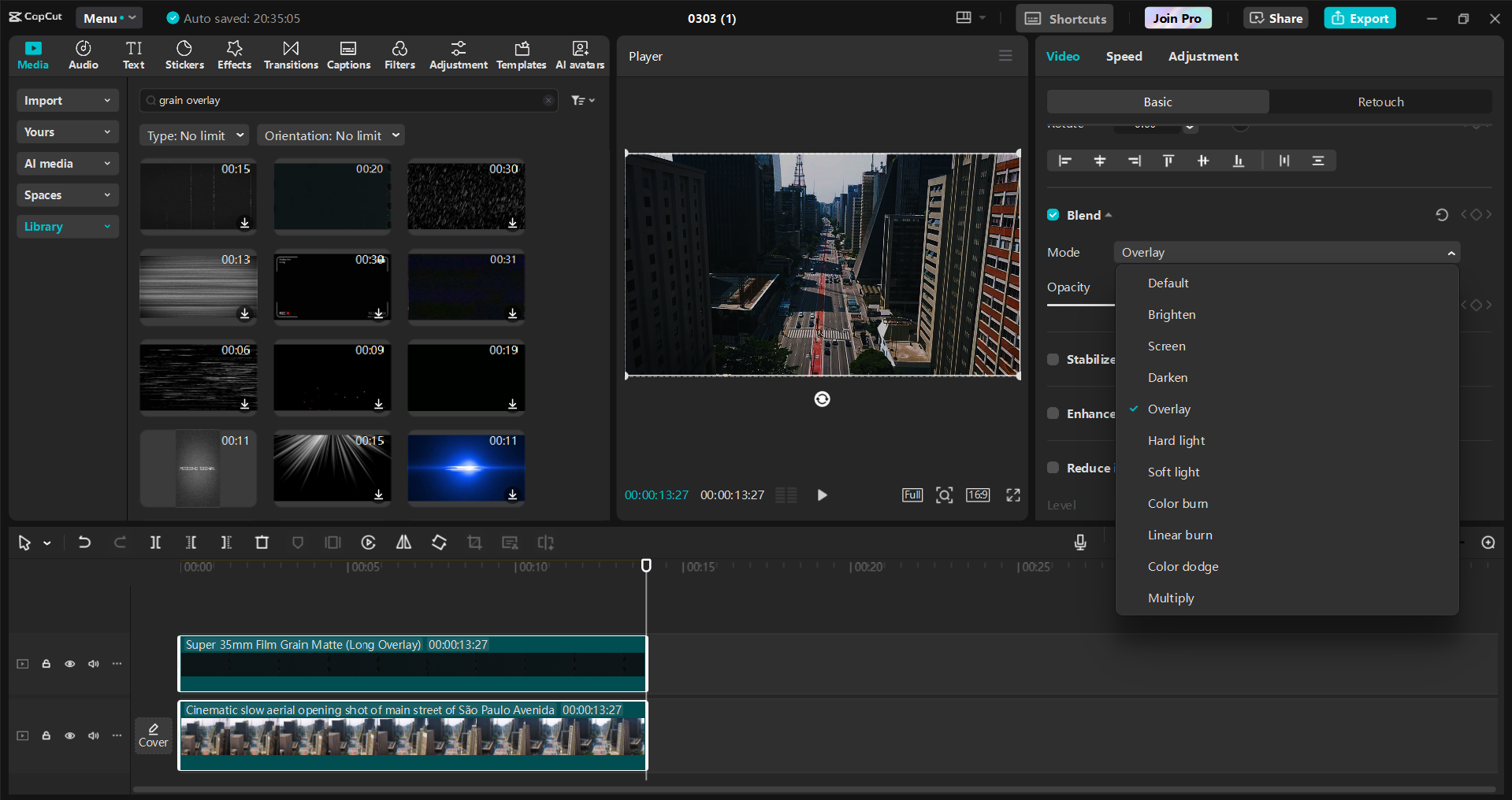 Antara muka CapCut editor video desktop - cara terbaik untuk mendapatkan lapisan tekstur filem berbutir
