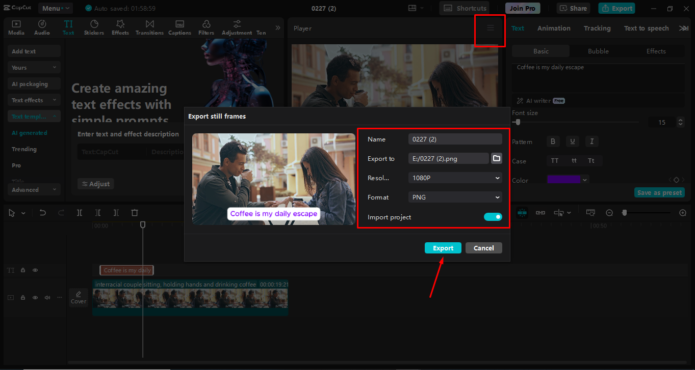 Exporting the image from the CapCut desktop video editor