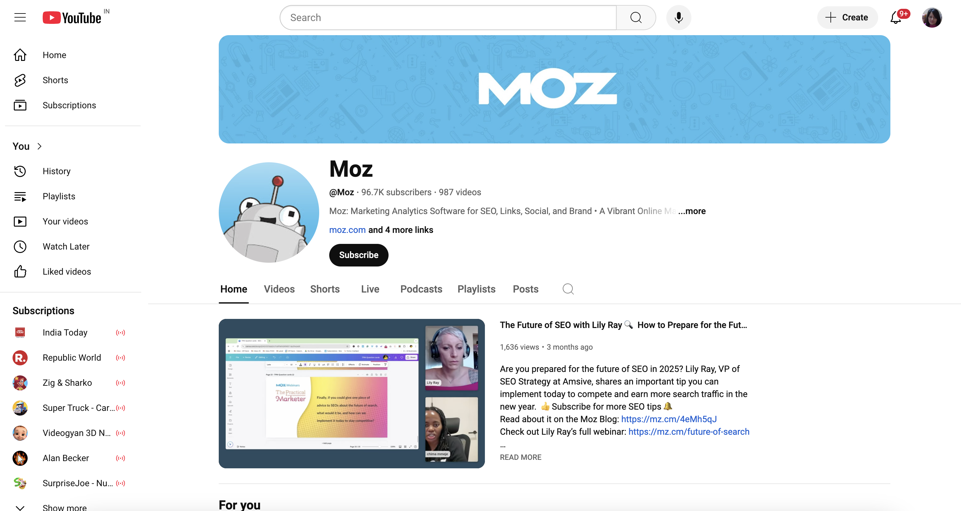 Moz social media marketing YouTube channel