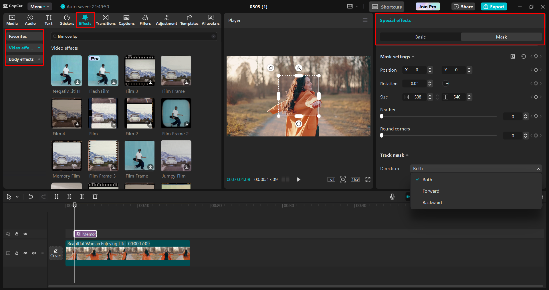 在CapCut桌面視訊編輯器中為視訊應用膠片疊加效果