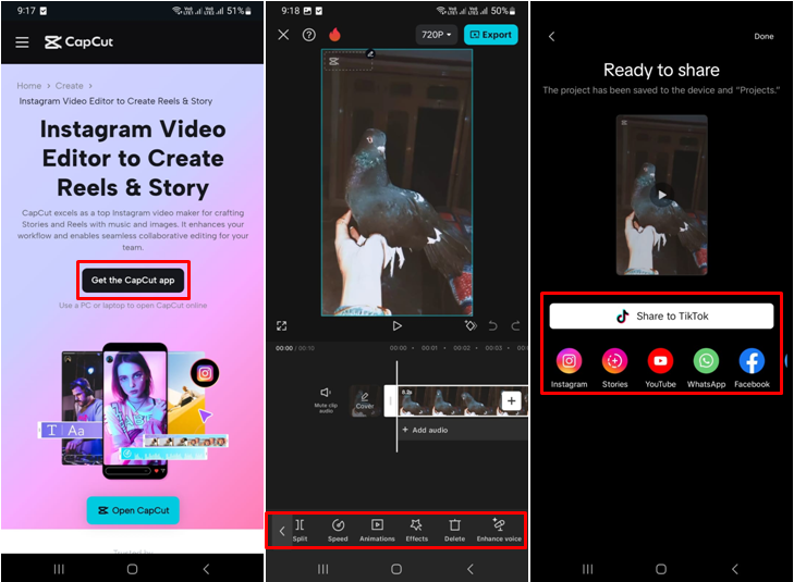 Interface of CapCut mobile app- the best Instagram reels editor for mobile