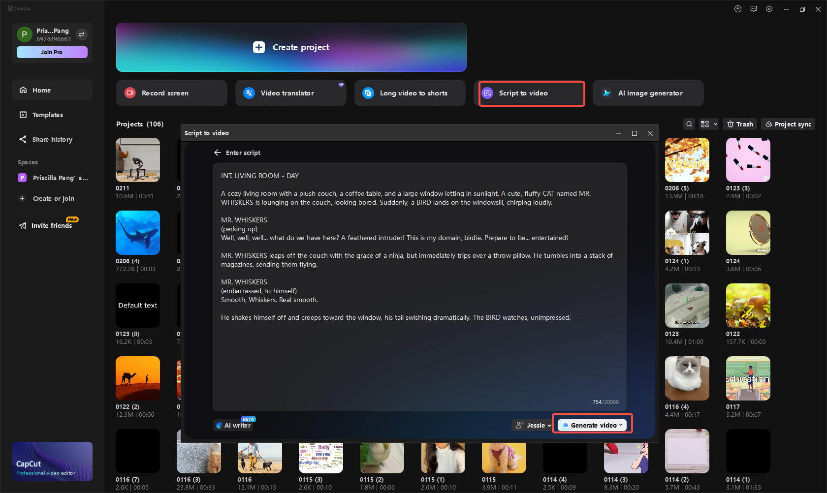 Pasting the AI script in CapCut
