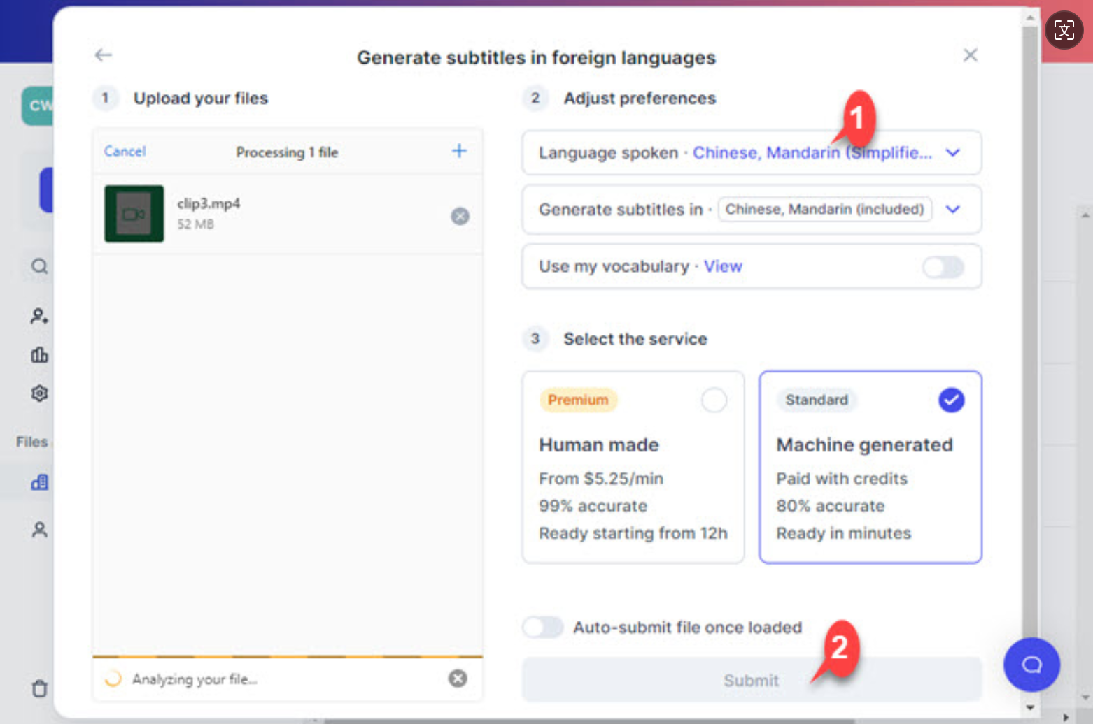 Interface of Happyscribe - an easy to use Chinese-to-English subtitle converter