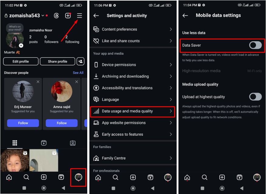 รูปภาพแสดงวิธีการโพสต์รีลคุณภาพสูงโดยปิดโหมดประหยัดข้อมูลบน Instagram