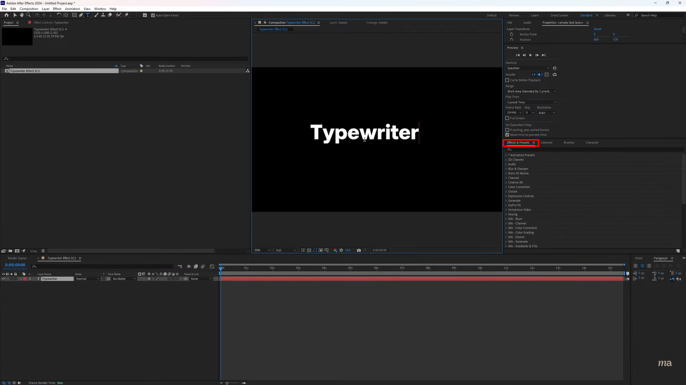 Ouverture du panneau des effets et des préréglages pour les effets d'écriture de texte dans After Effects