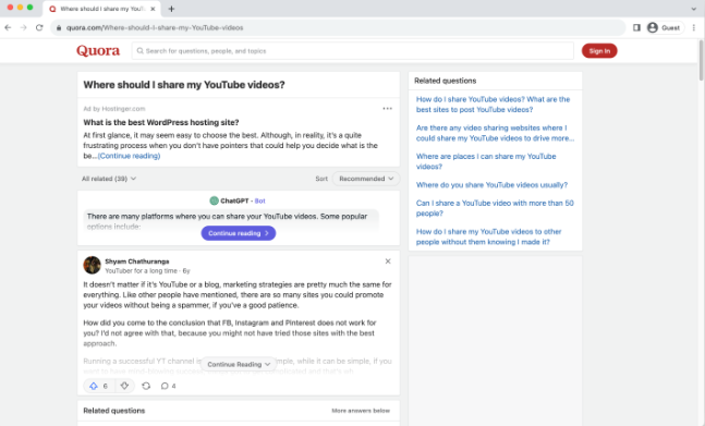 Interfaz de Quora - un lugar muy accesible para promocionar videos de YouTube