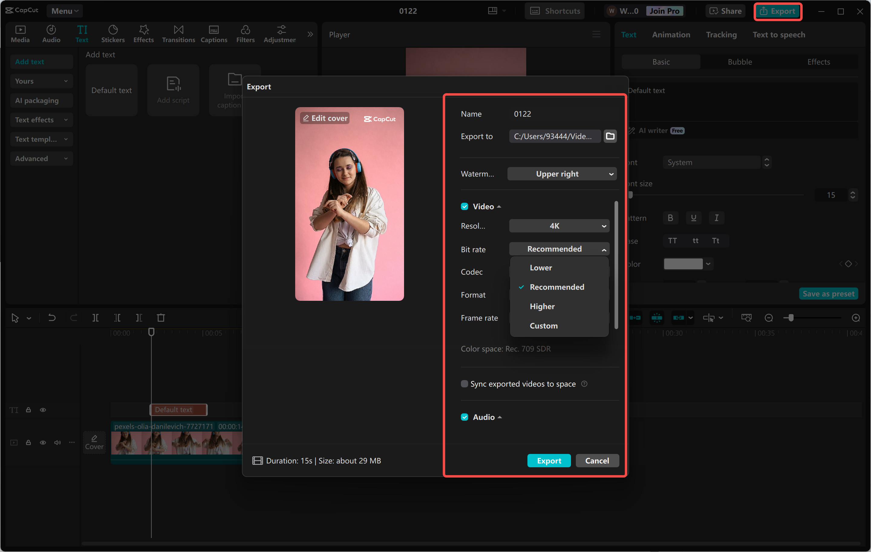 Selecting the best bitrate for Instagram Reels in the CapCut desktop video editor