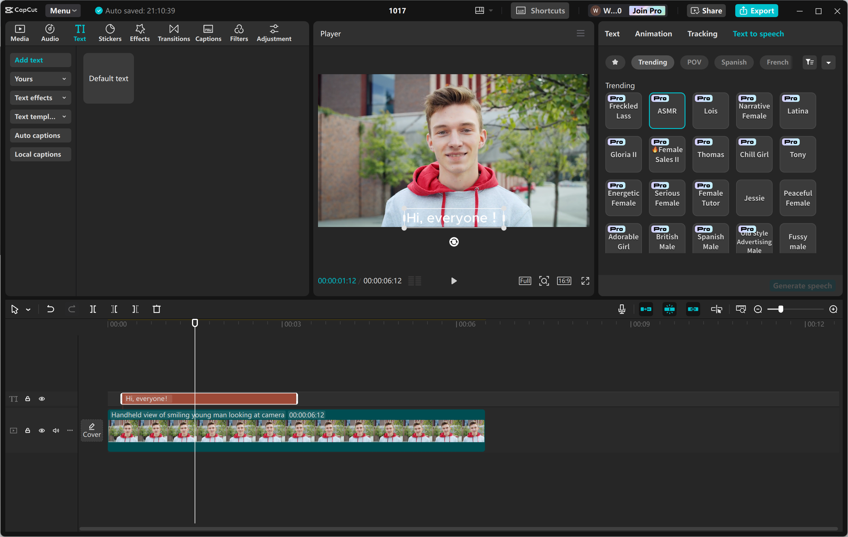 Editing interface of CapCut desktop video editor - the best tool to add AI voices to videos