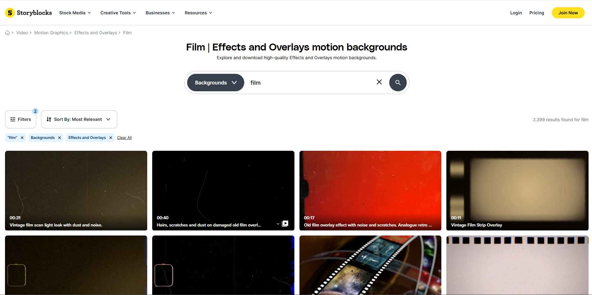 Storyblock的介面-獲得免費膠片紋理覆蓋的快速方法