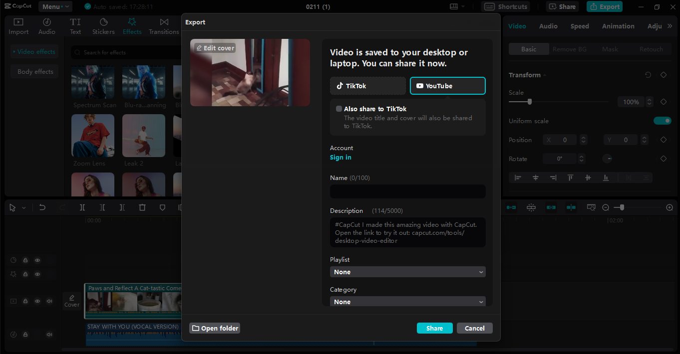 Exporting and sharing the video on YouTube