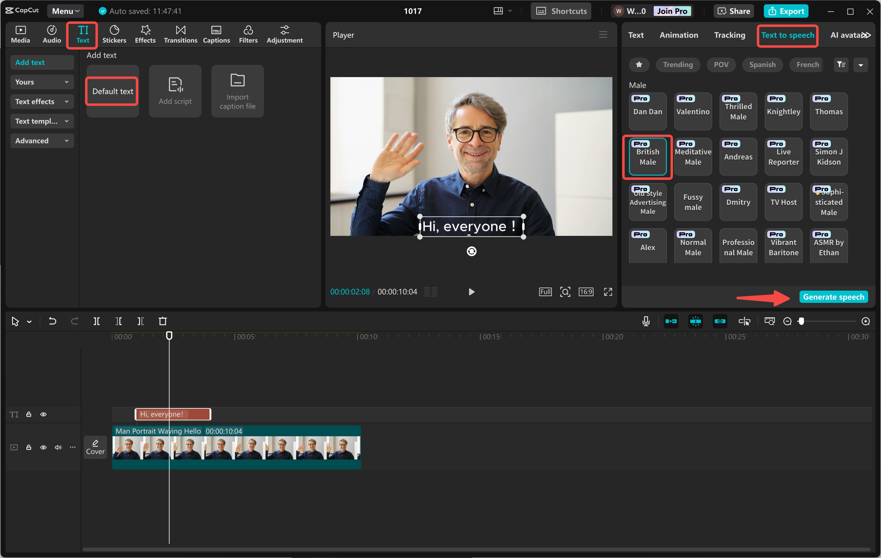 Generating a British AI voice in the CapCut desktop video editor