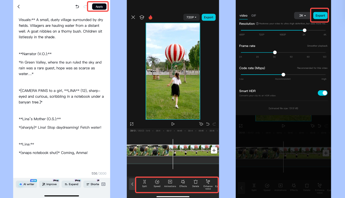 Converti script in video in CapCut app
