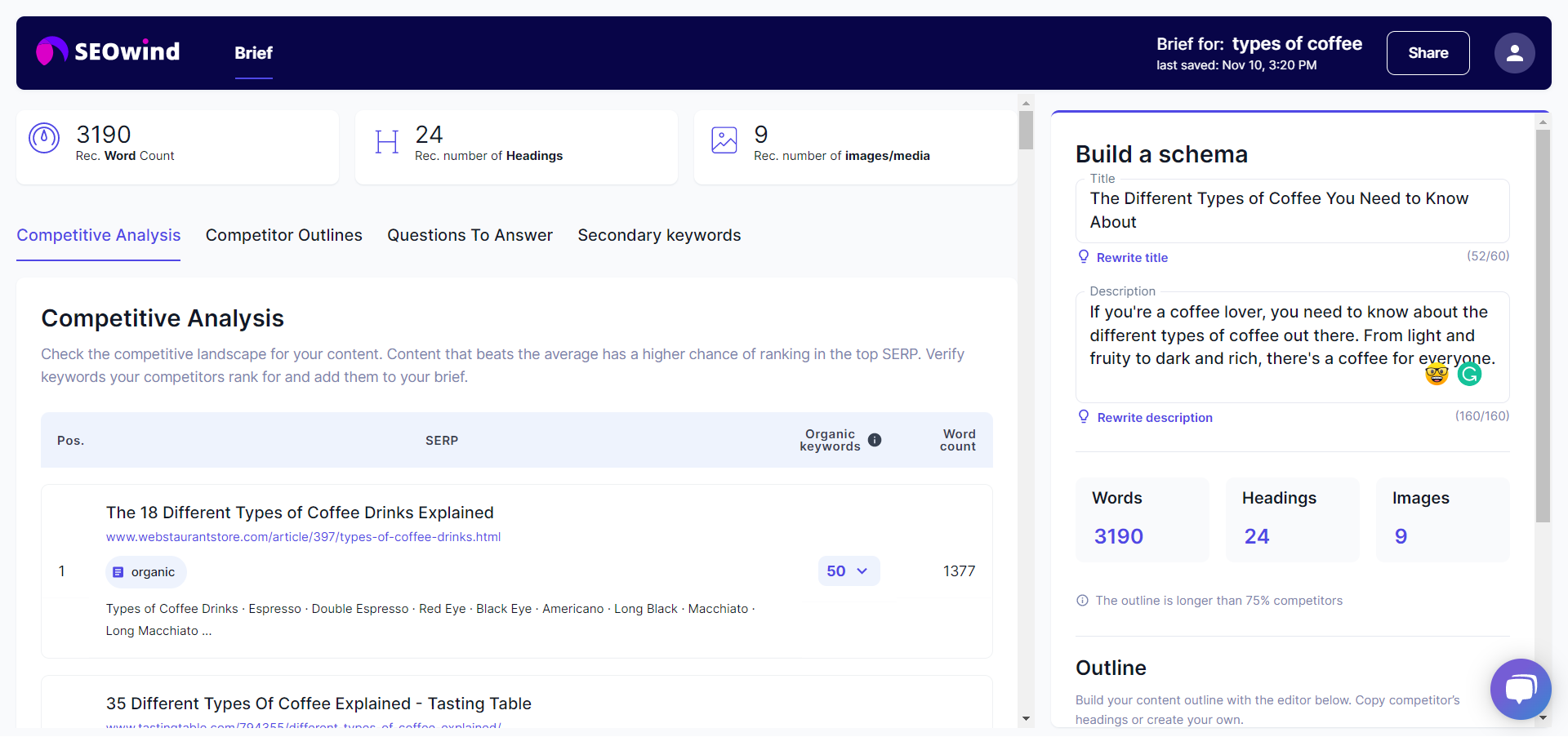 Interface of SEOWind - the best tool for AI-generated writing