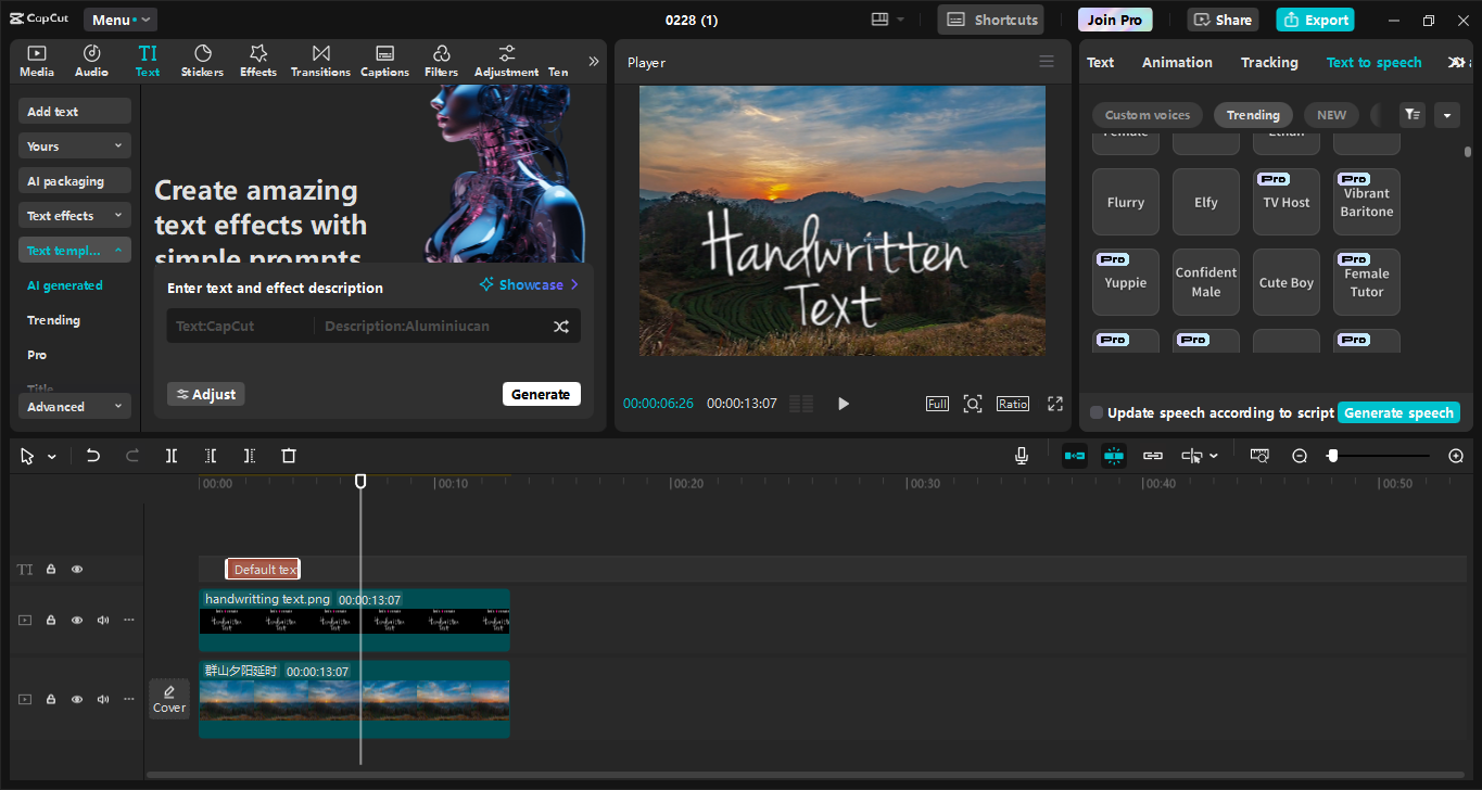 Interface of the CapCut desktop video editor - the best tool to find handwriting text effects