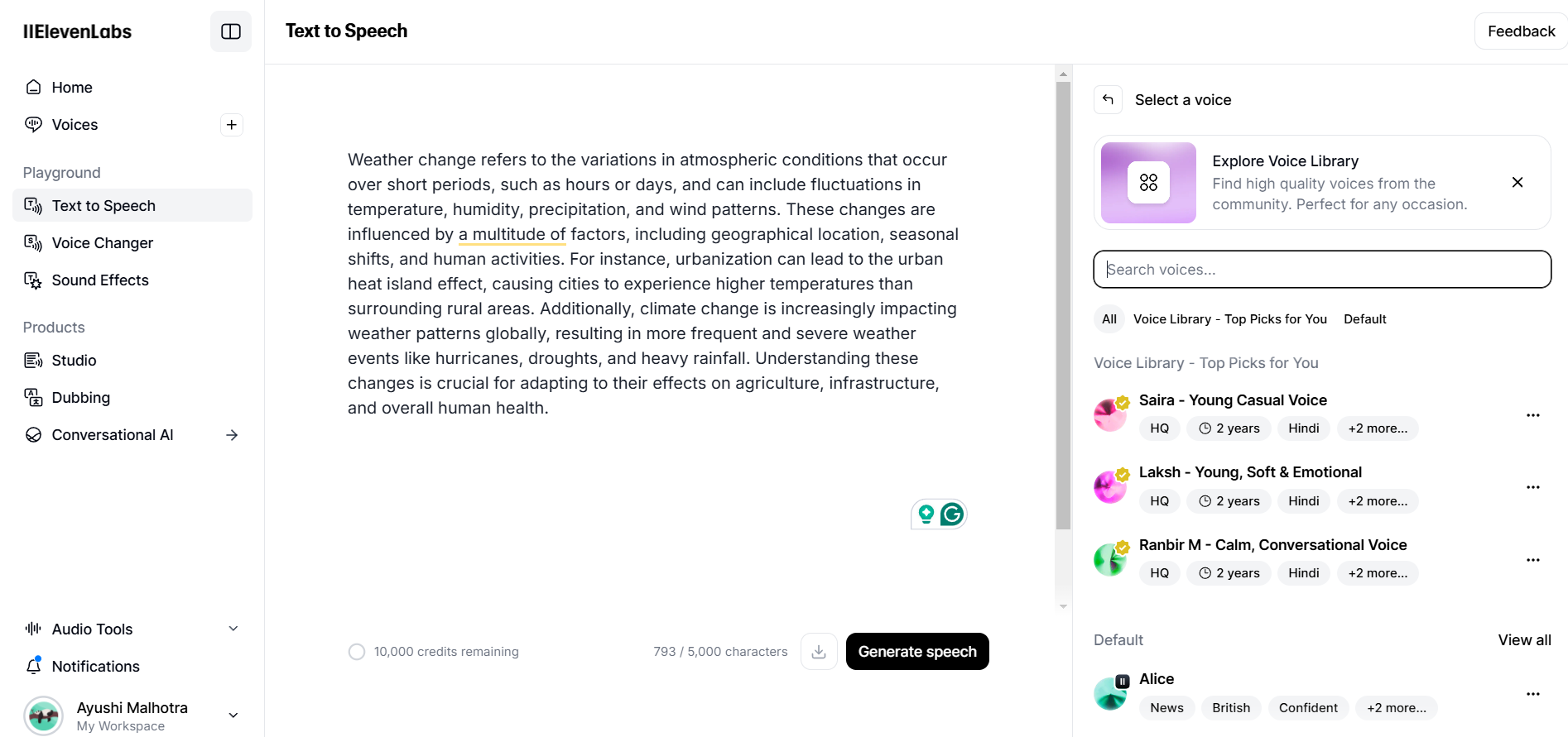 Using text-to-speech feature in Eleven Labs