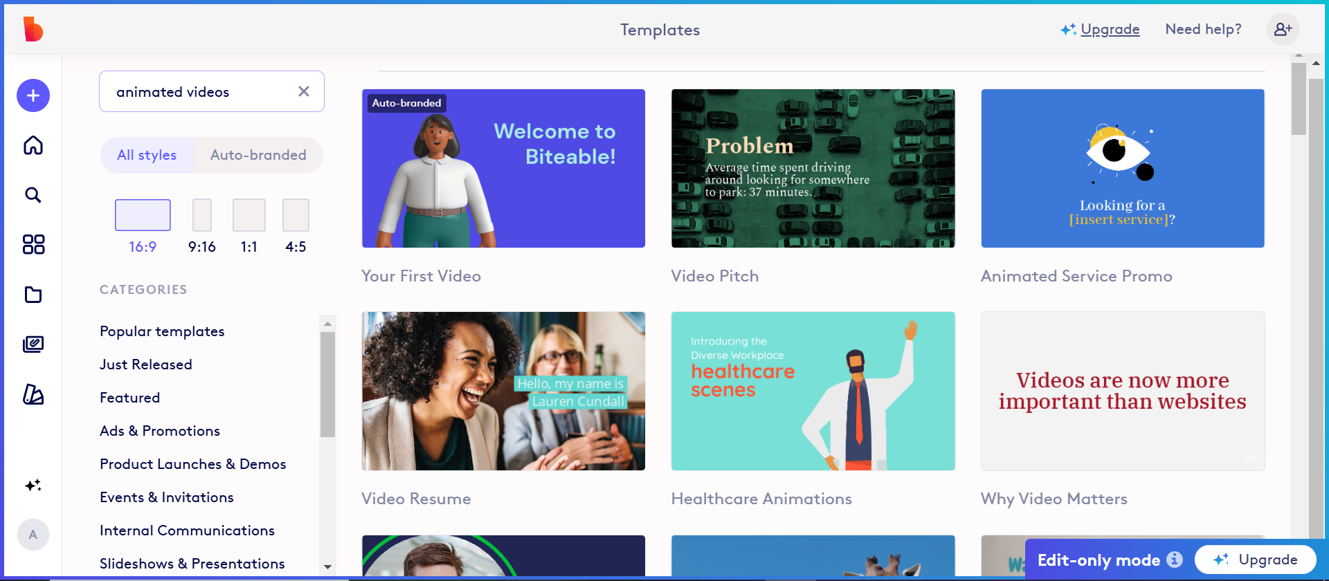 The interface of Biteable - one of the best animated video production companies