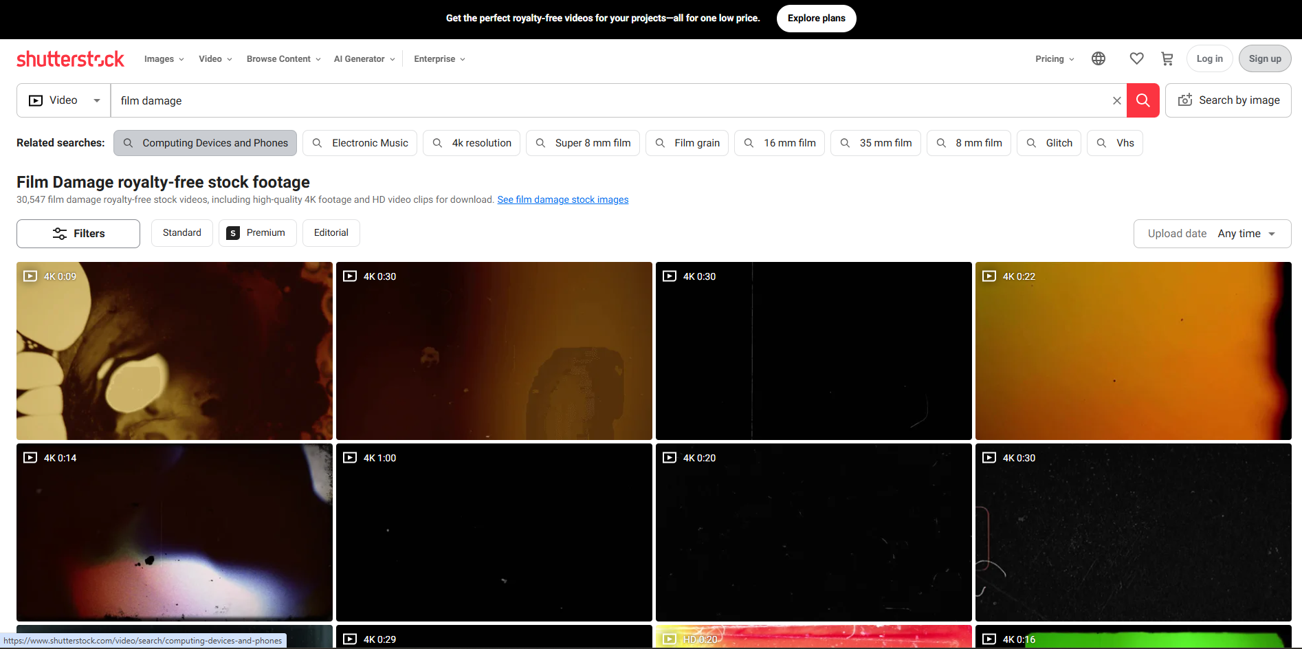 Interface of Shutterstock - a free online site for damaged film overlays