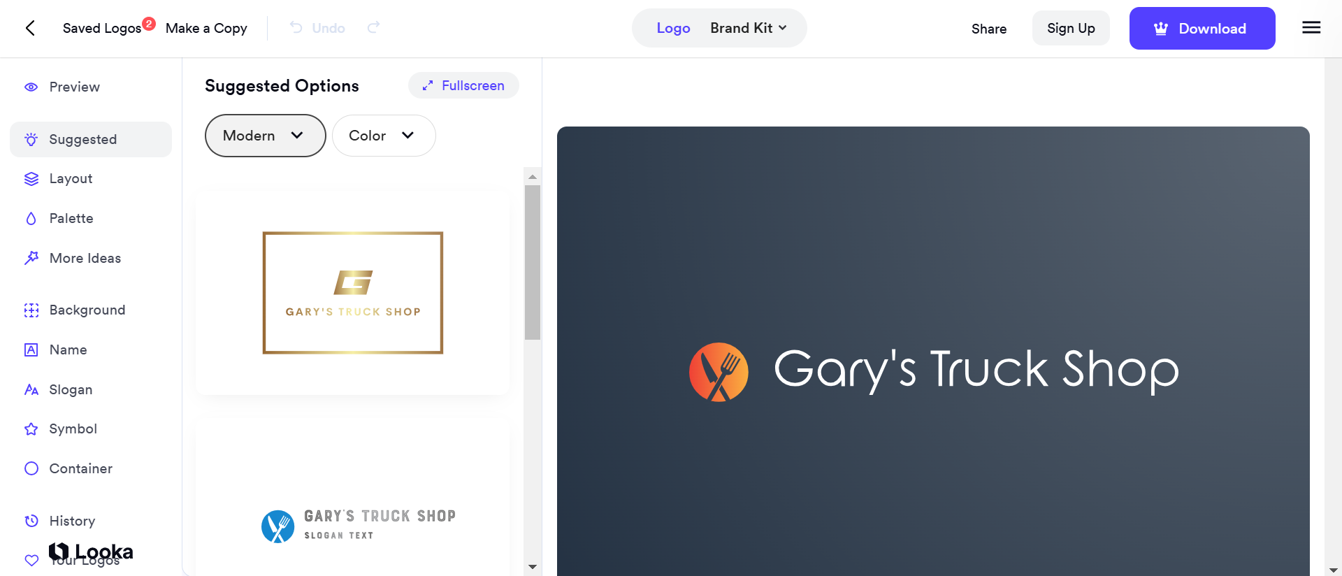 Looka의 로고 디자인 인터페이스