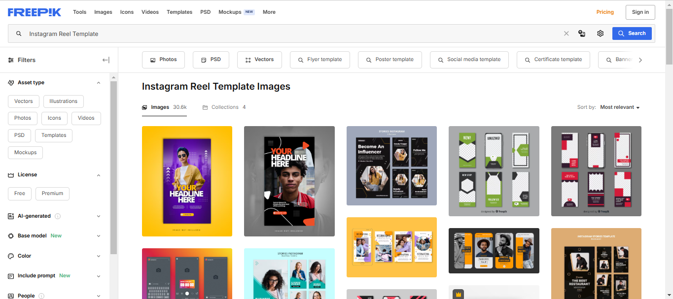 Interface of Freepik - the reliable tool to get Instagram Reel overlay templates