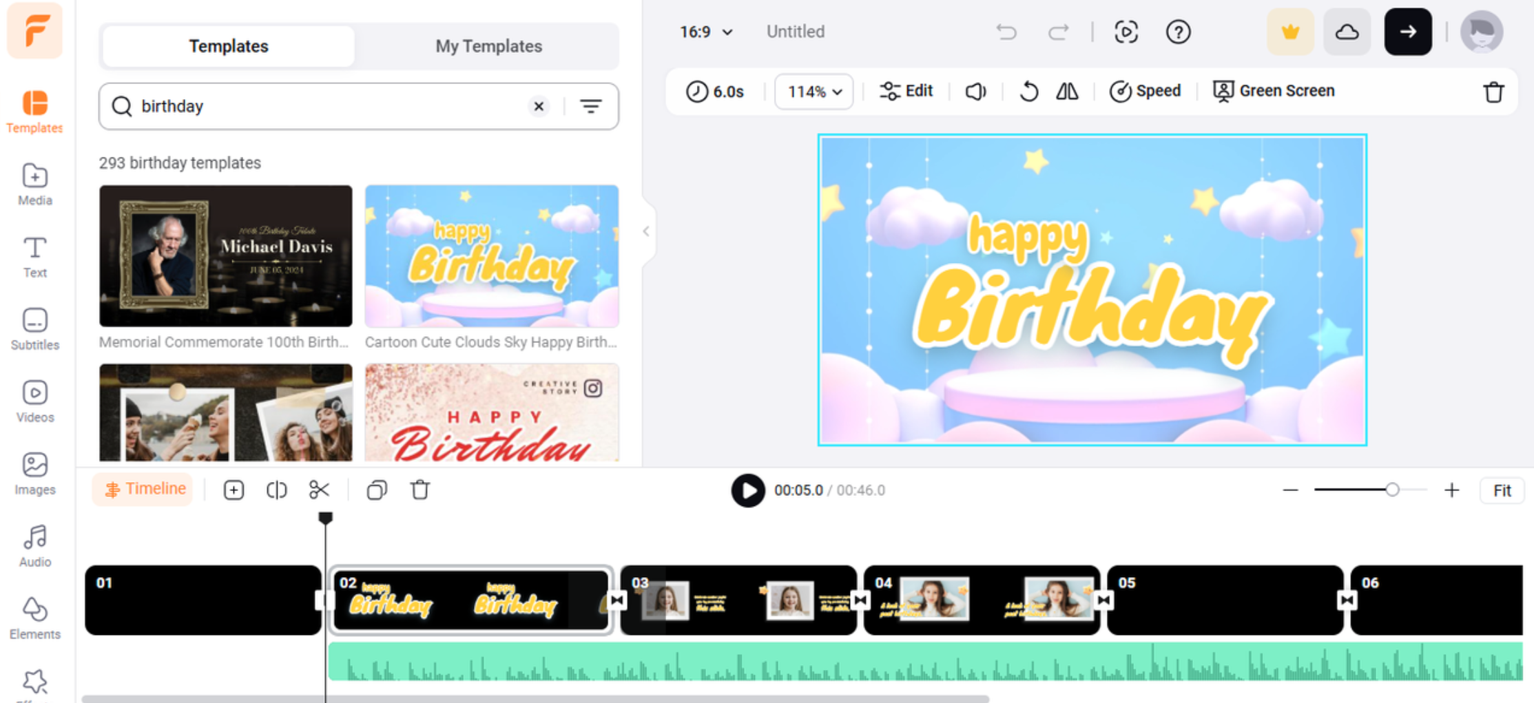Interface of the FlexClip showing how to make a birthday reel for Instagram online