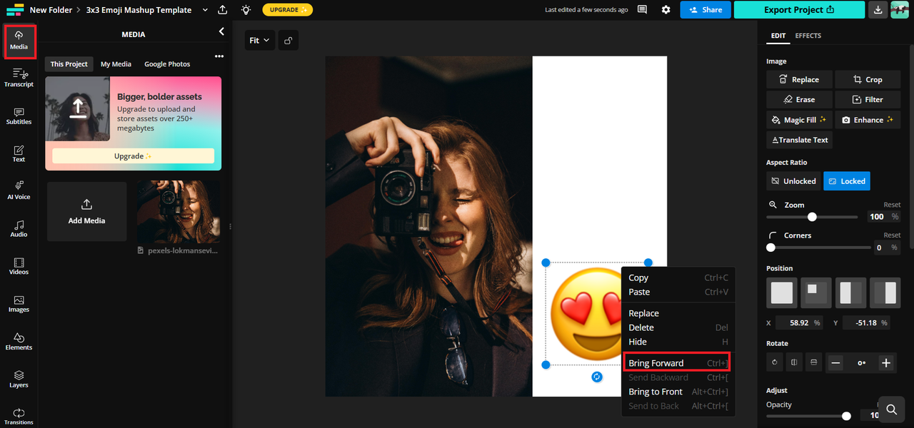 左パネルにメディアオプションを表示し、絵文字を右クリックしてオプションを表示します