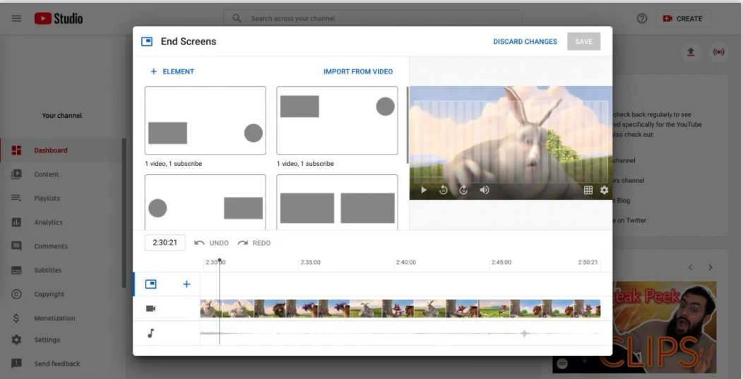 Choosing an end screen layout in the YouTube Studio