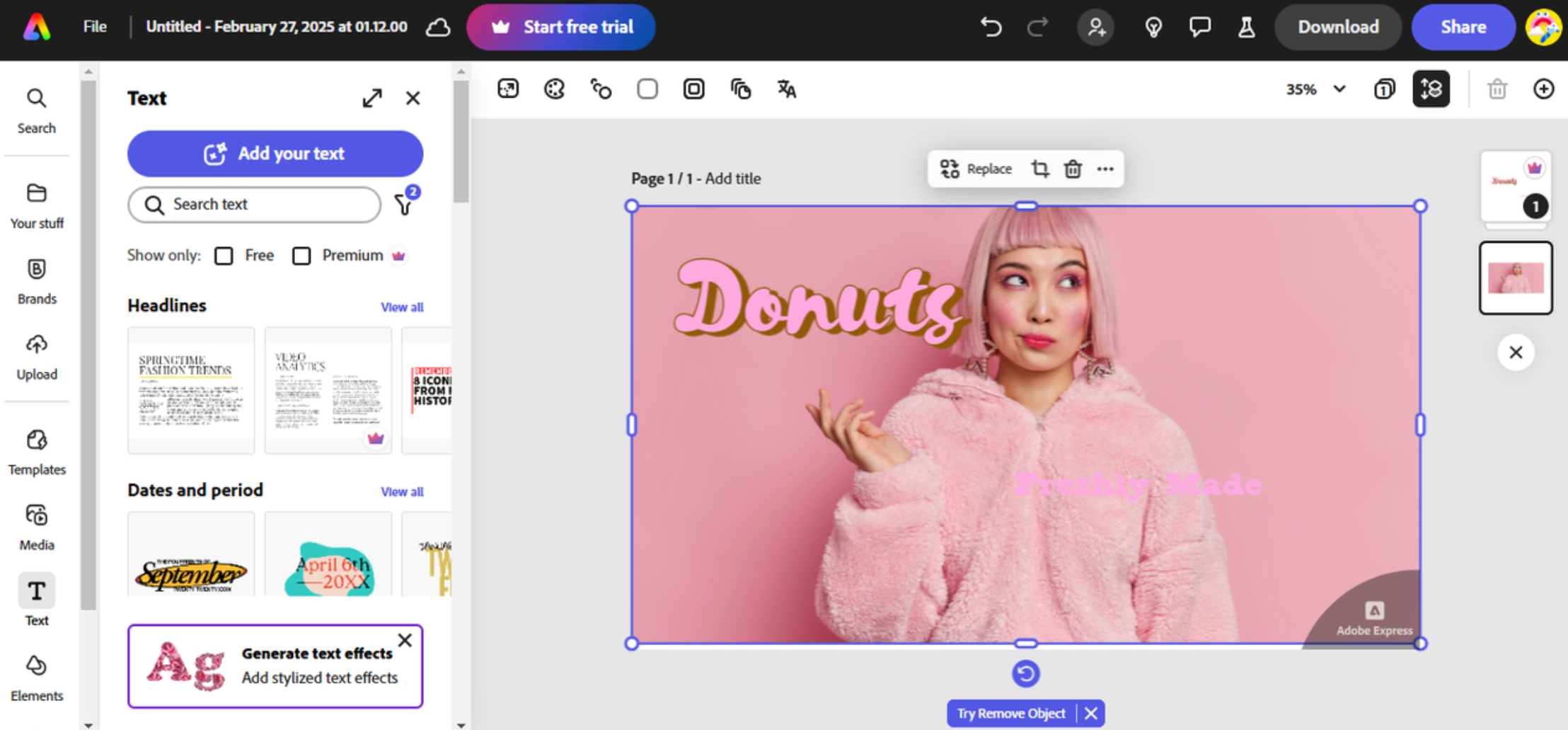 Interface of Adobe Express - the reliable tool to write text on pictures online free