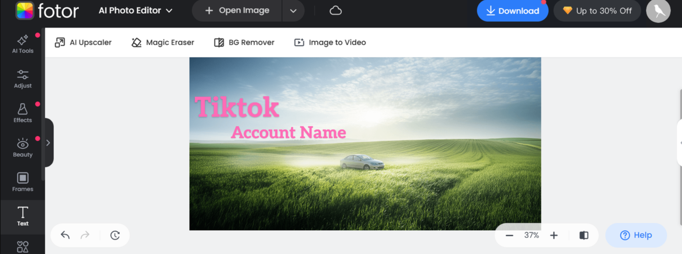 Interface of Fotor - the online tool to write text over an image