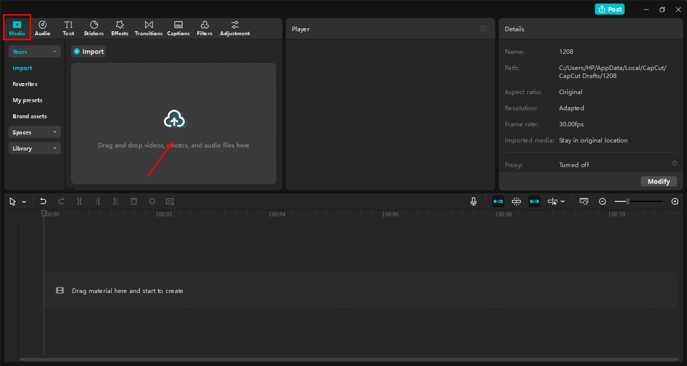 Mengunggah video ke editor video desktop CapCut