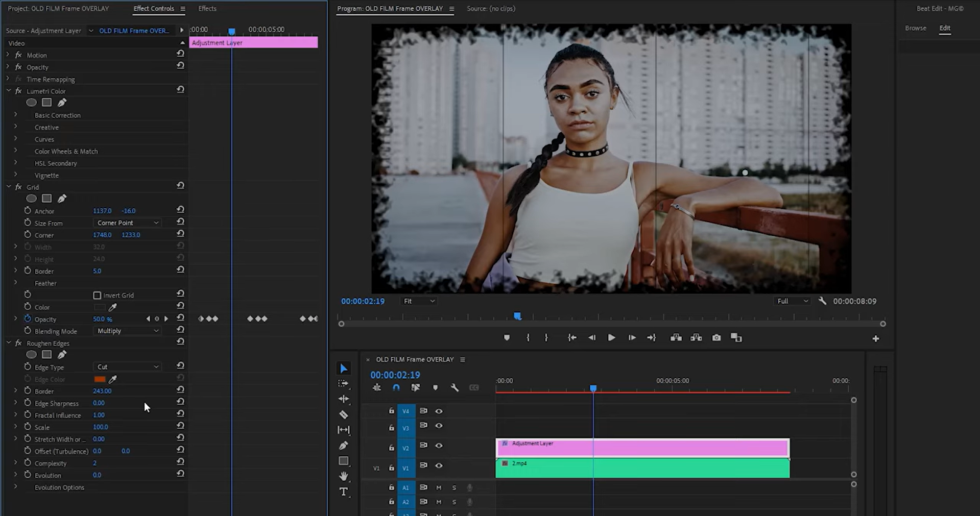 Interface του Adobe Premiere Pro - το καλύτερο εργαλείο για τη χρήση επικαλύψεων πλαισίων ταινιών
