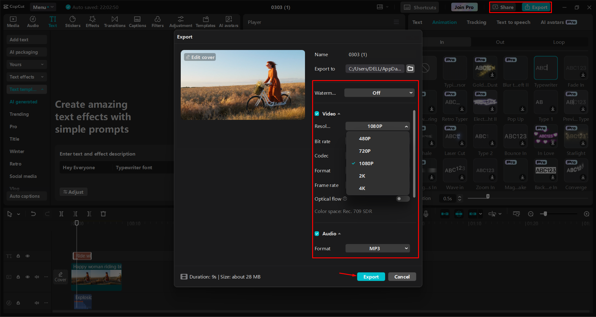 Exporting a video from the CapCut desktop video editor