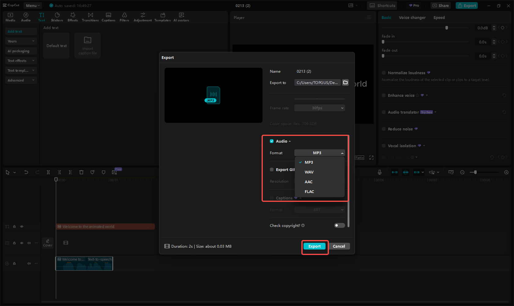 Экспорт и совместное использование звука в CapCut
