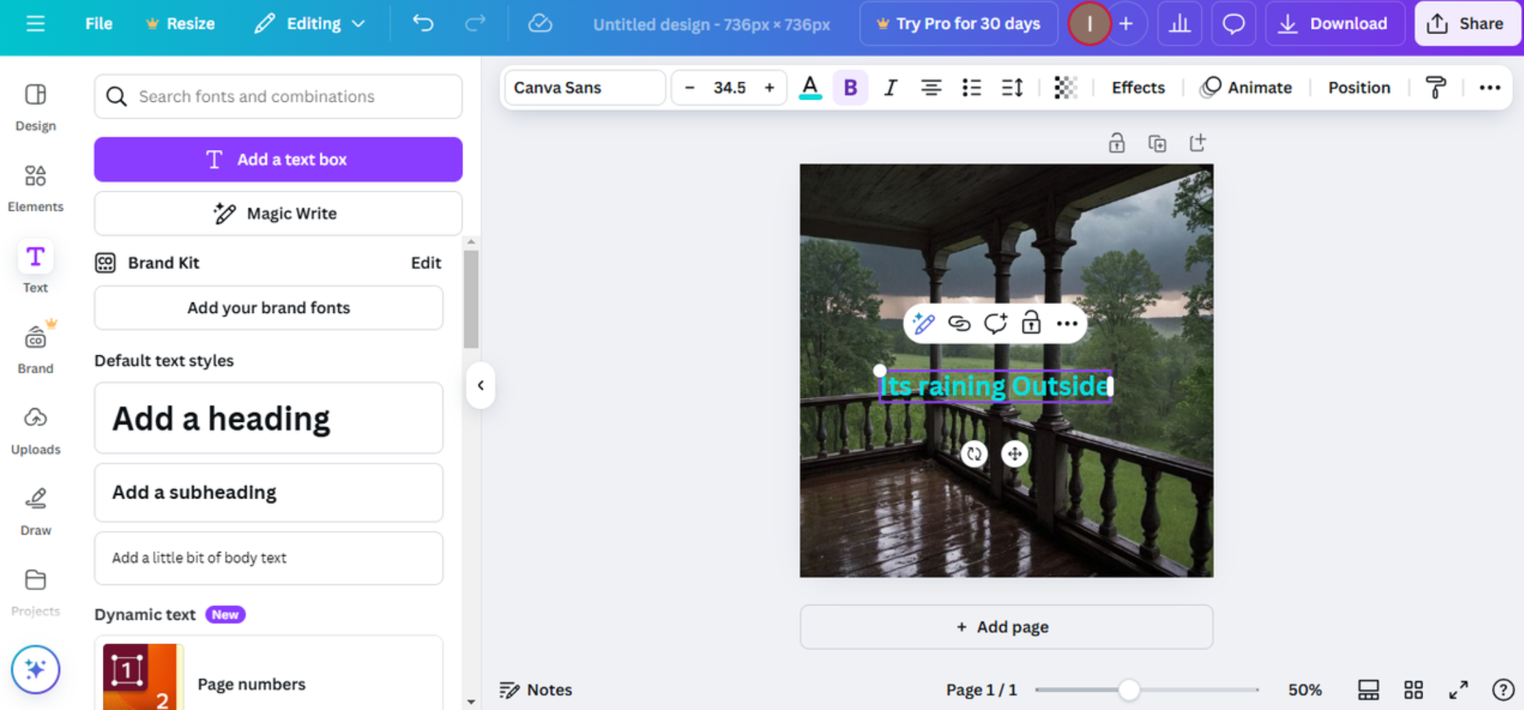 Interface of Canva - the best tool to write text to images