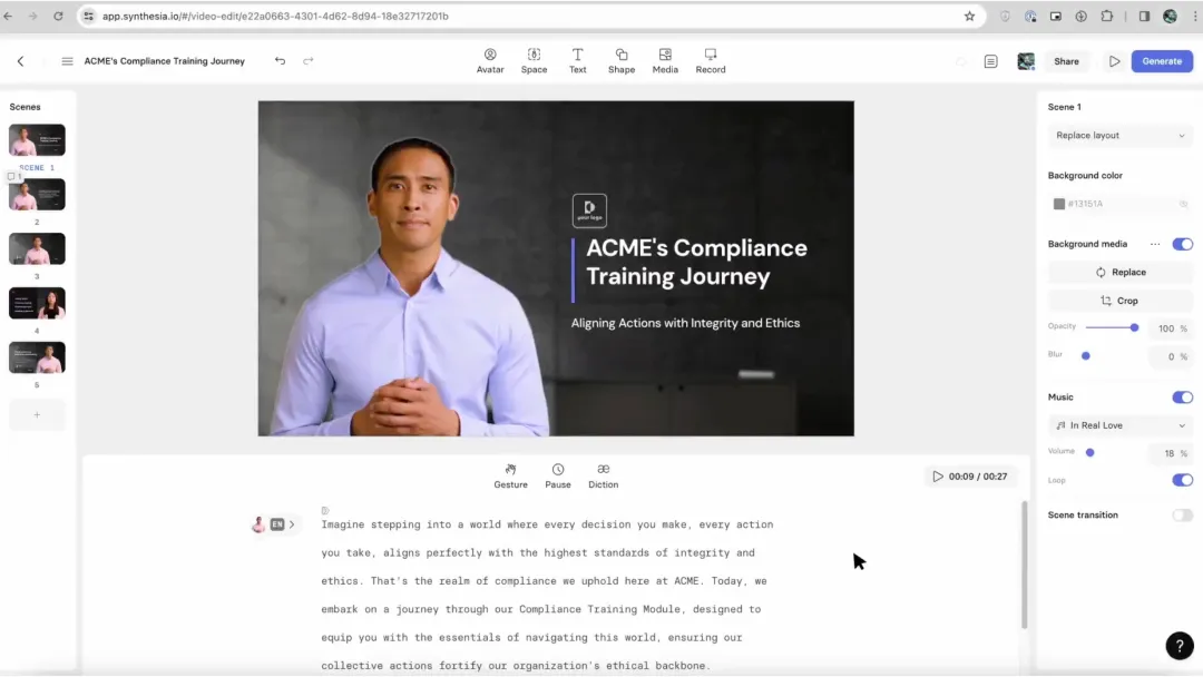 Interface of Synthesia - the best online tool to make British AI voice