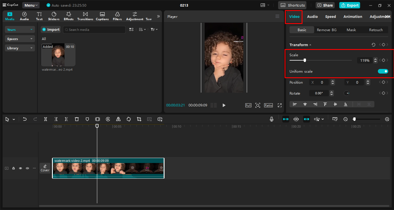 Utilizzo della scala per rimuovere la filigrana nell' CapCut editor video desktop