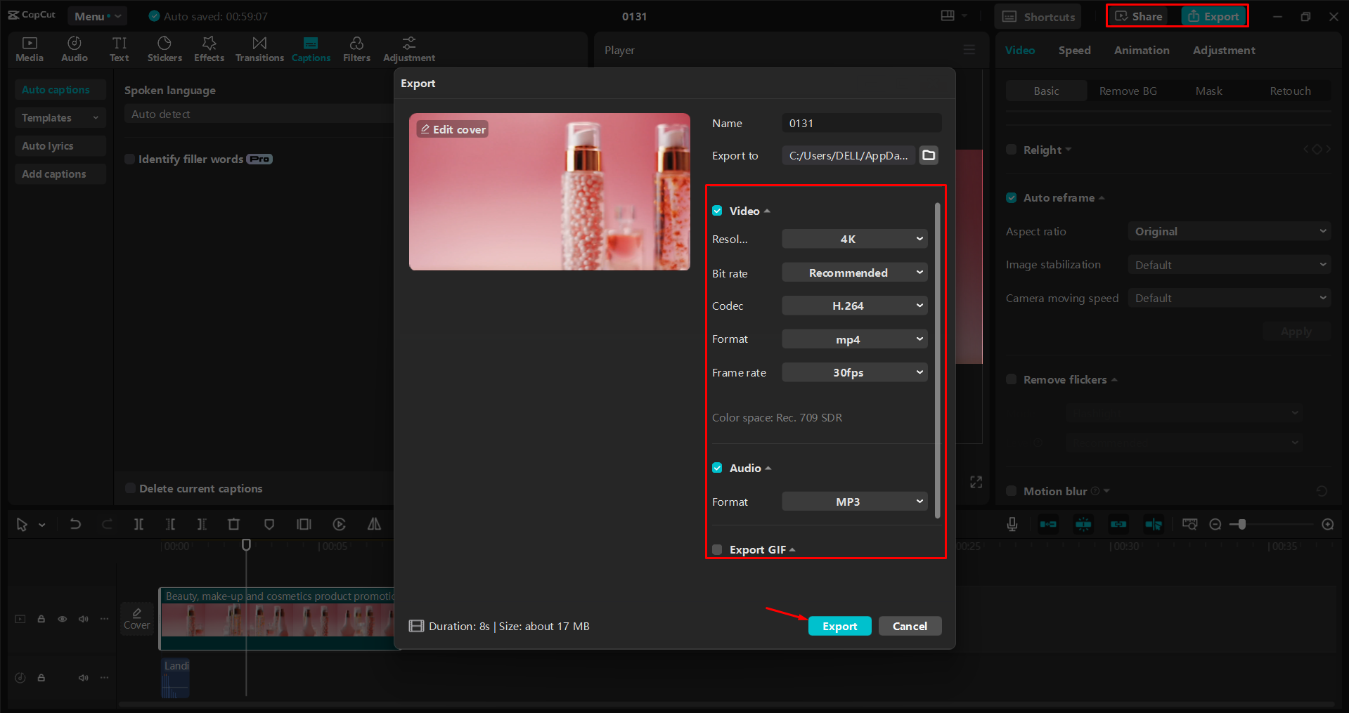 Exportera en video från CapCut skrivbordsvideoredigerare