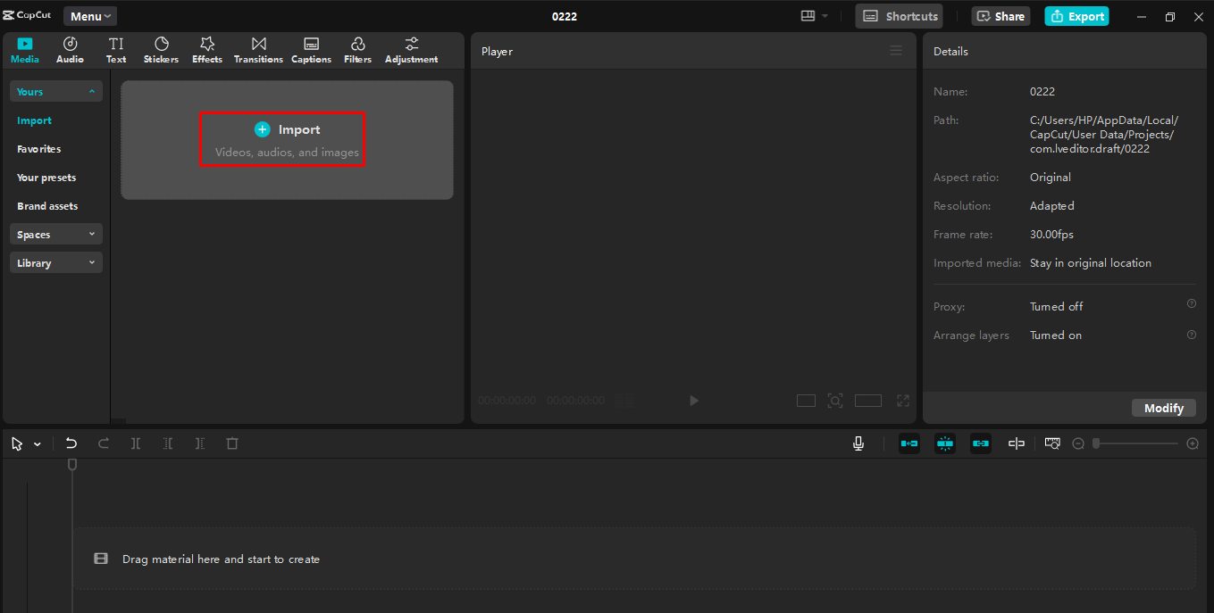 ייבוא וידאו בעורך הווידאו השולחני CapCut