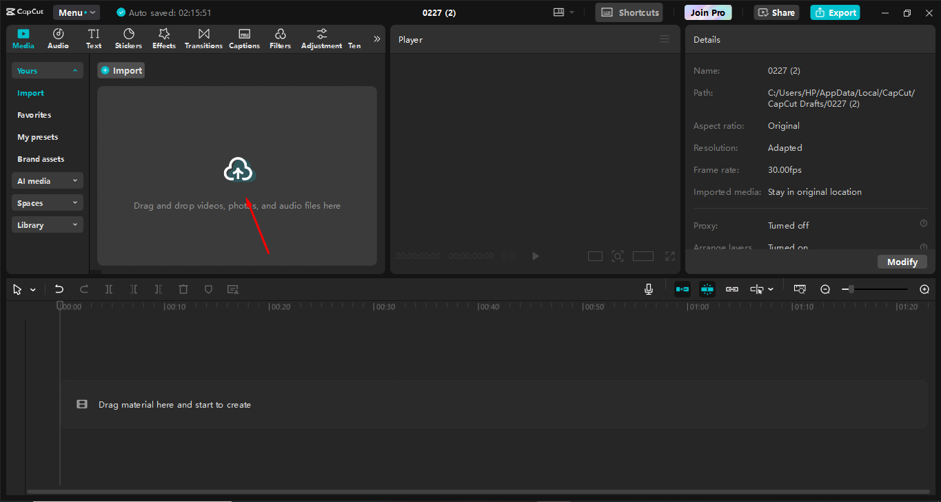 Uploading video to the CapCut desktop video editor