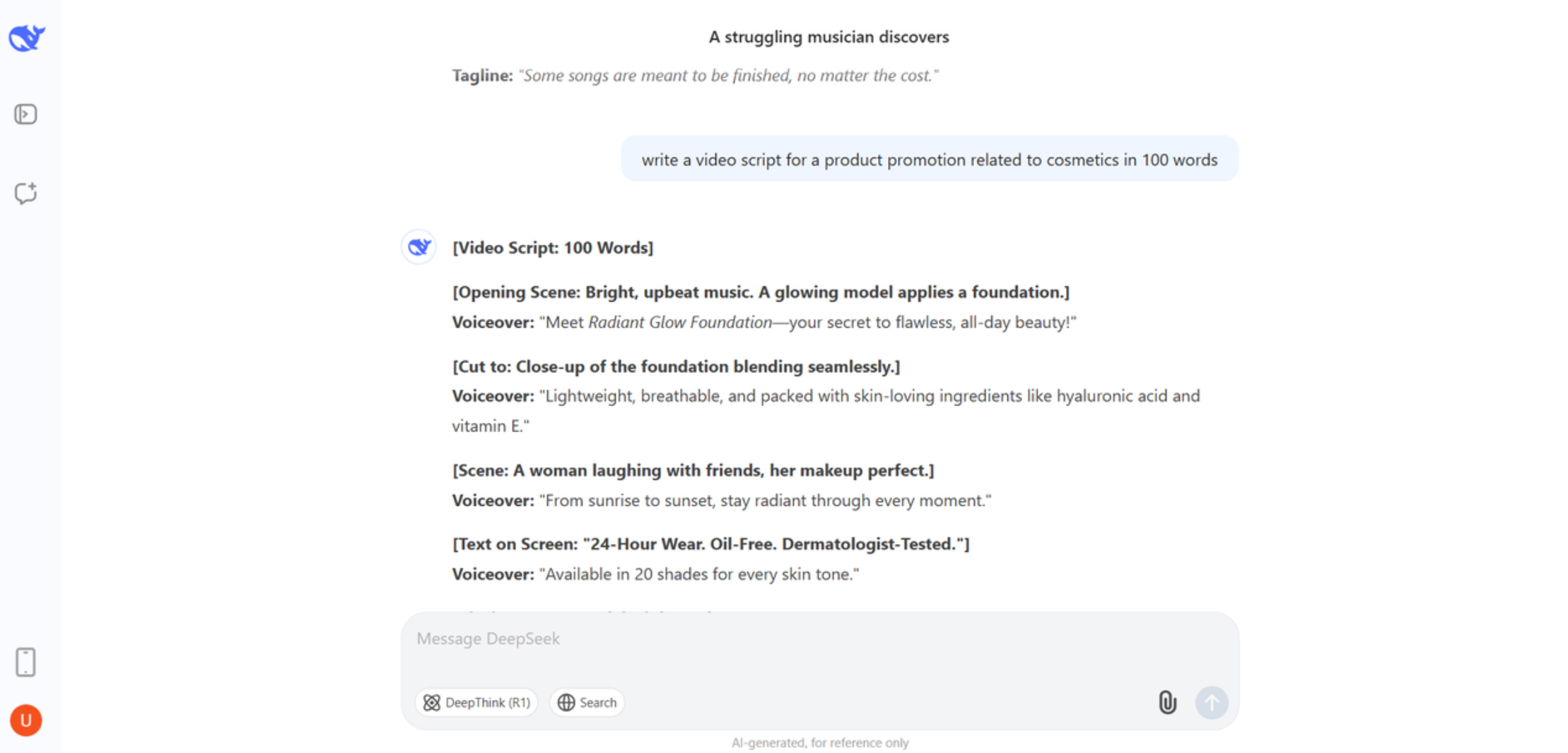 Using DeepSeek chat to generate video scripts