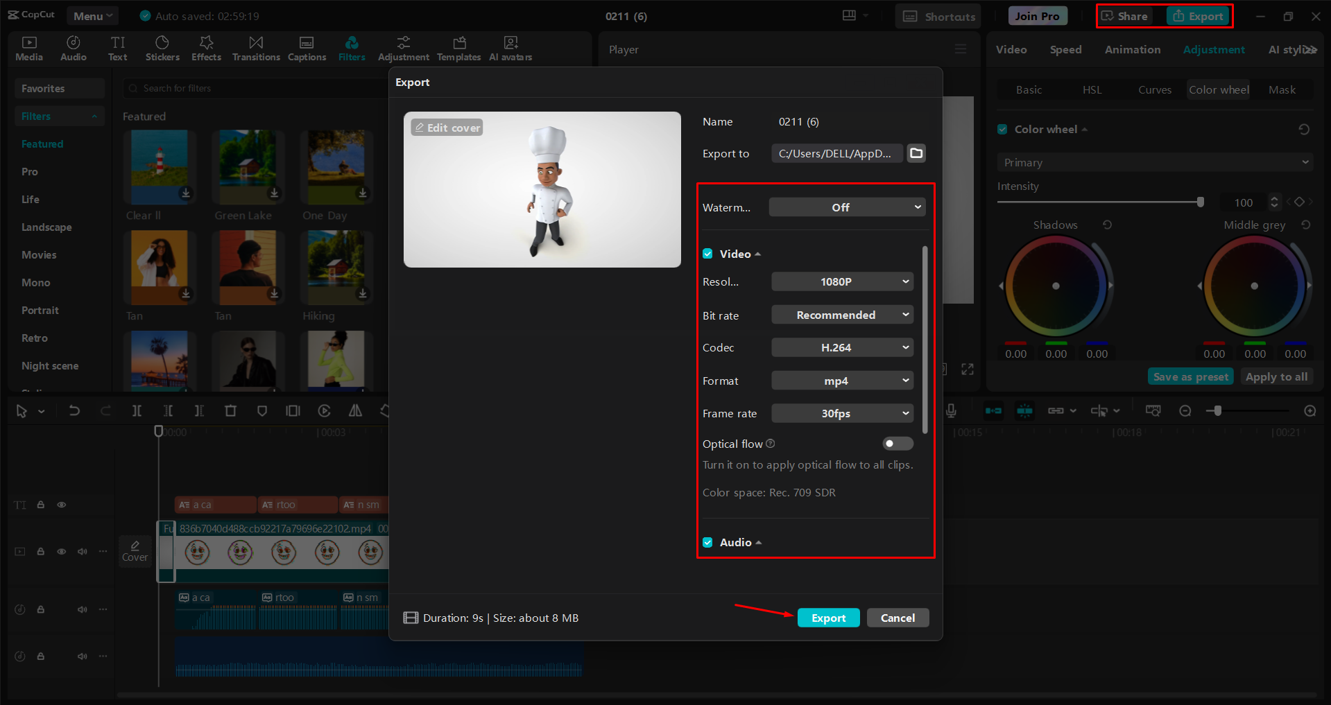Экспорт видео из настольного видеоредактора CapCut