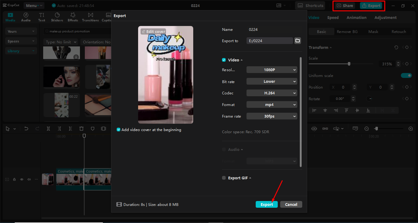 Exporting TikTok video form the Capcut desktop video editor