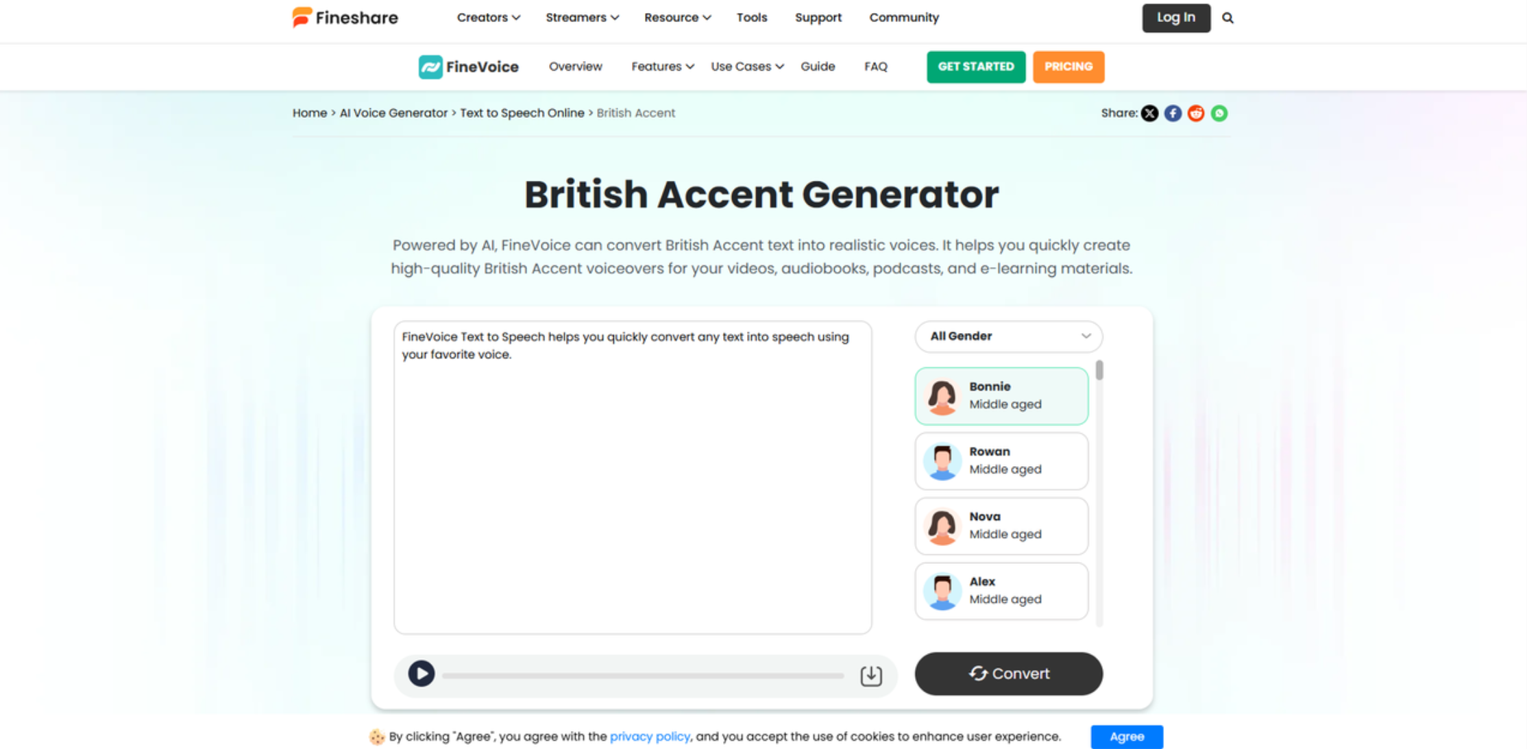 Interface of Fineshare - the best way to make British AI voices online
