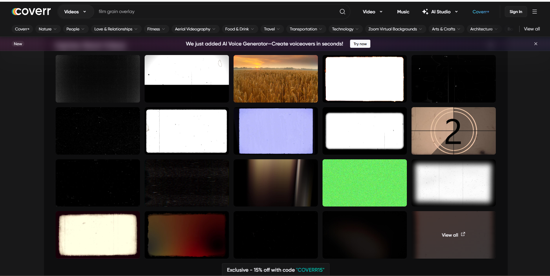 Interface of Coverr - an ideal site to download film grain overlays