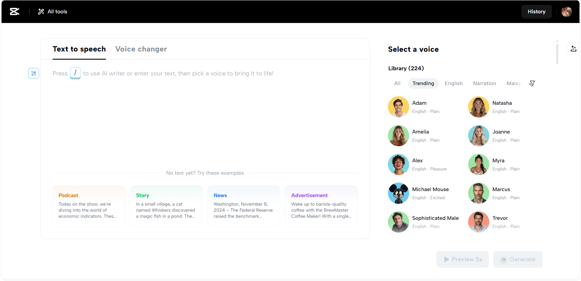 CapCut Web's AI text-to-audio tool interface