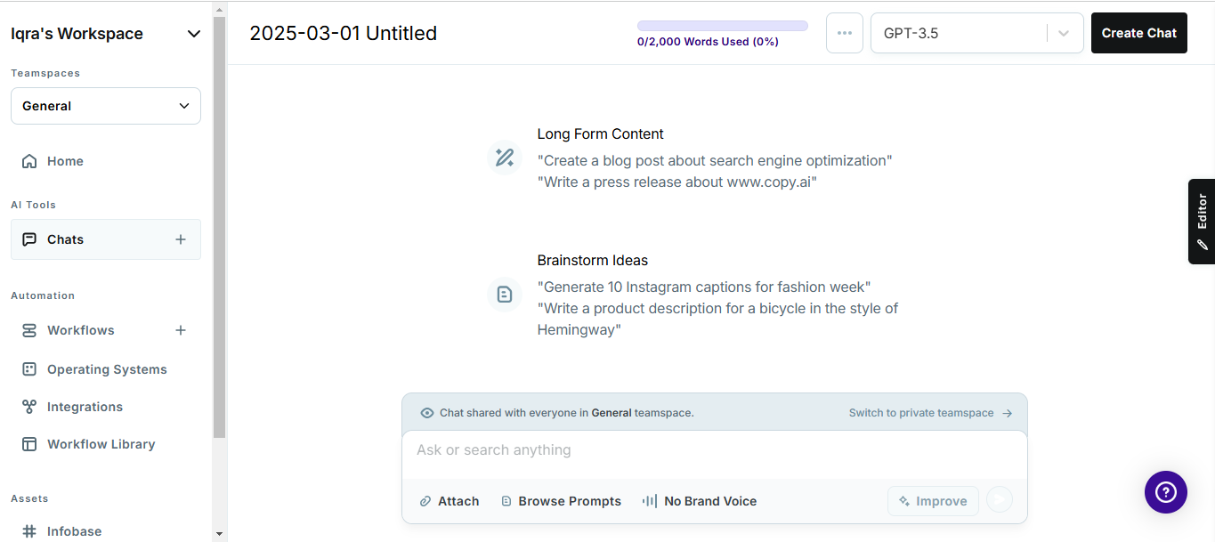 Interface of Copy.ai  - the reliable tool for AI-generated writing