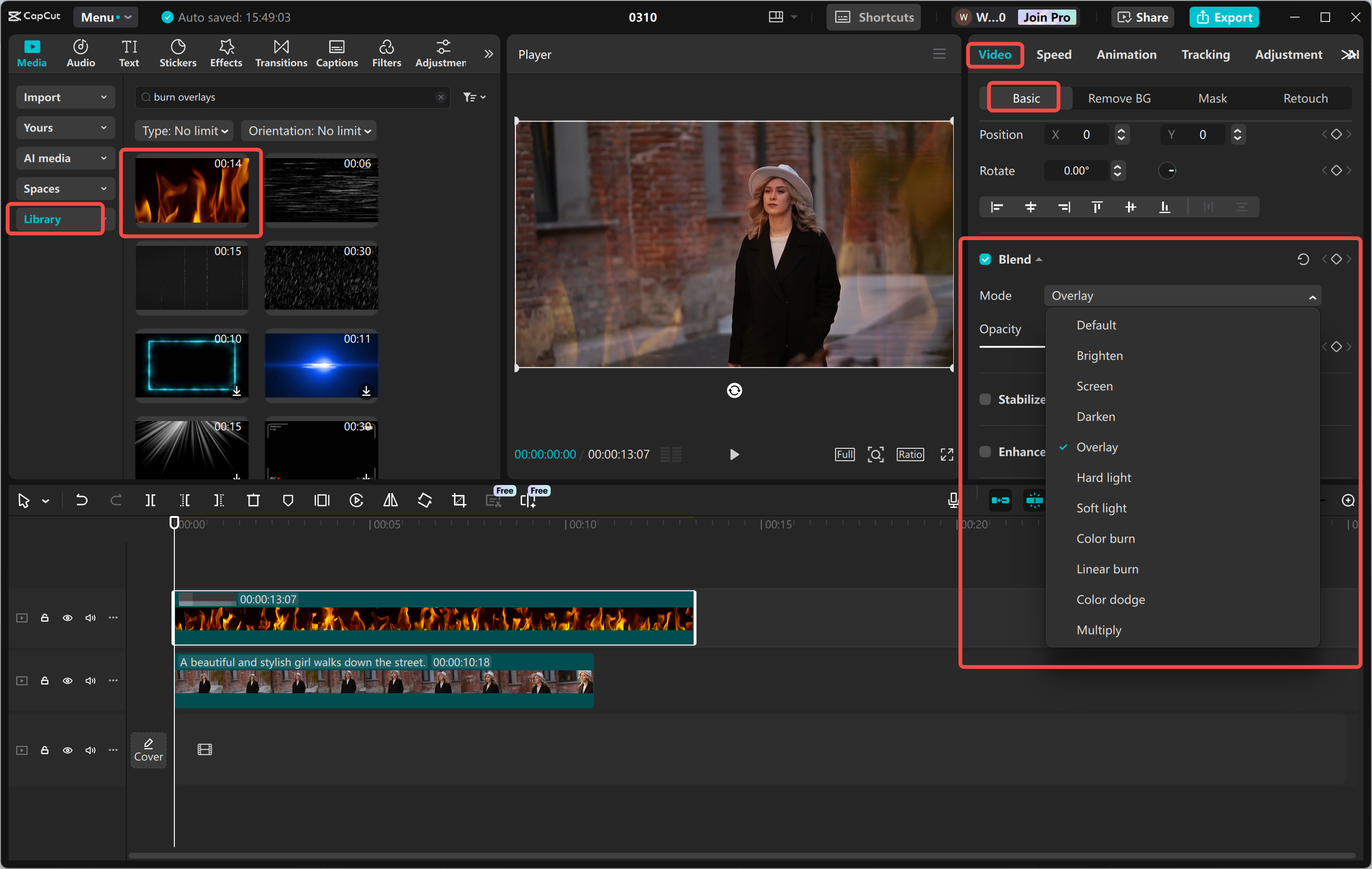 Hinzufügen eines eingebrannten Film-Overlays zu einem Video im CapCut Desktop-Video-Editor